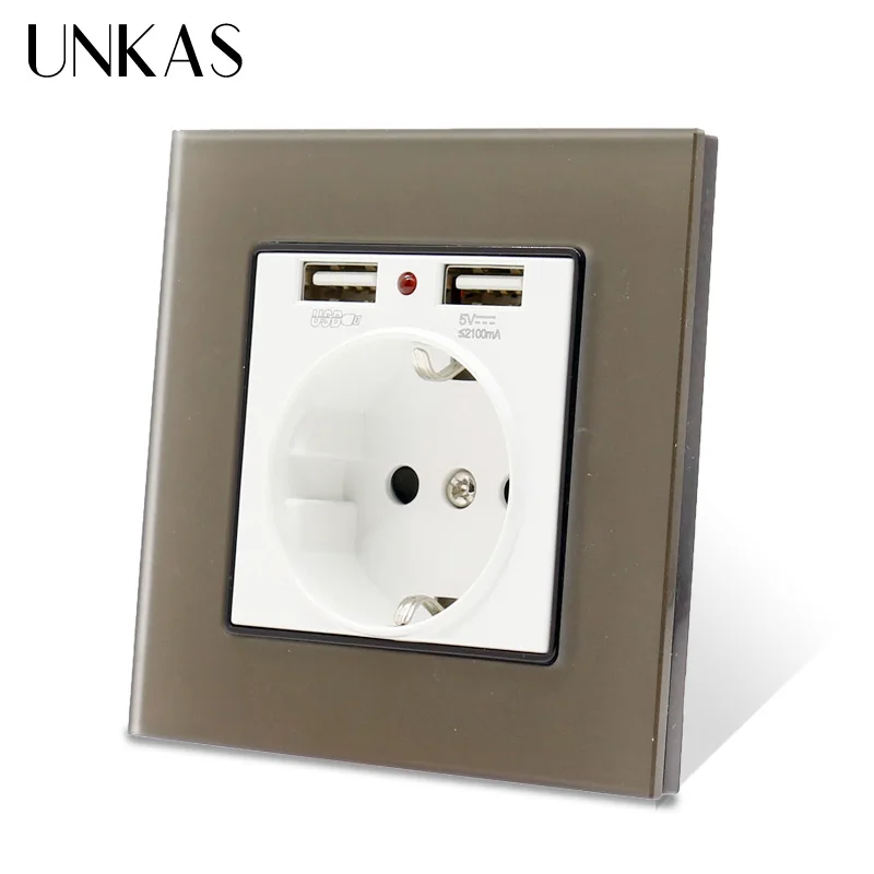 Розетка настенная с двумя USB портами и стеклянной панелью|Электрические розетки|