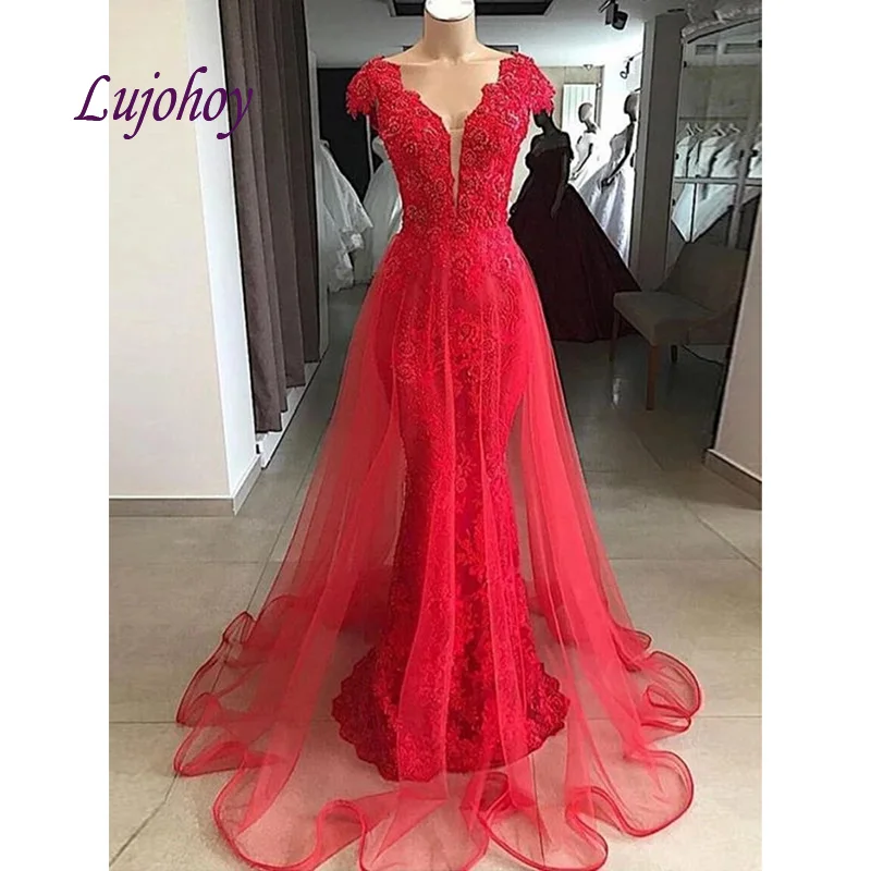 

Женское вечернее платье с юбкой годе, Красное Длинное кружевное платье со съемным шлейфом, расшитое бисером, для вечевечерние или выпускного вечера