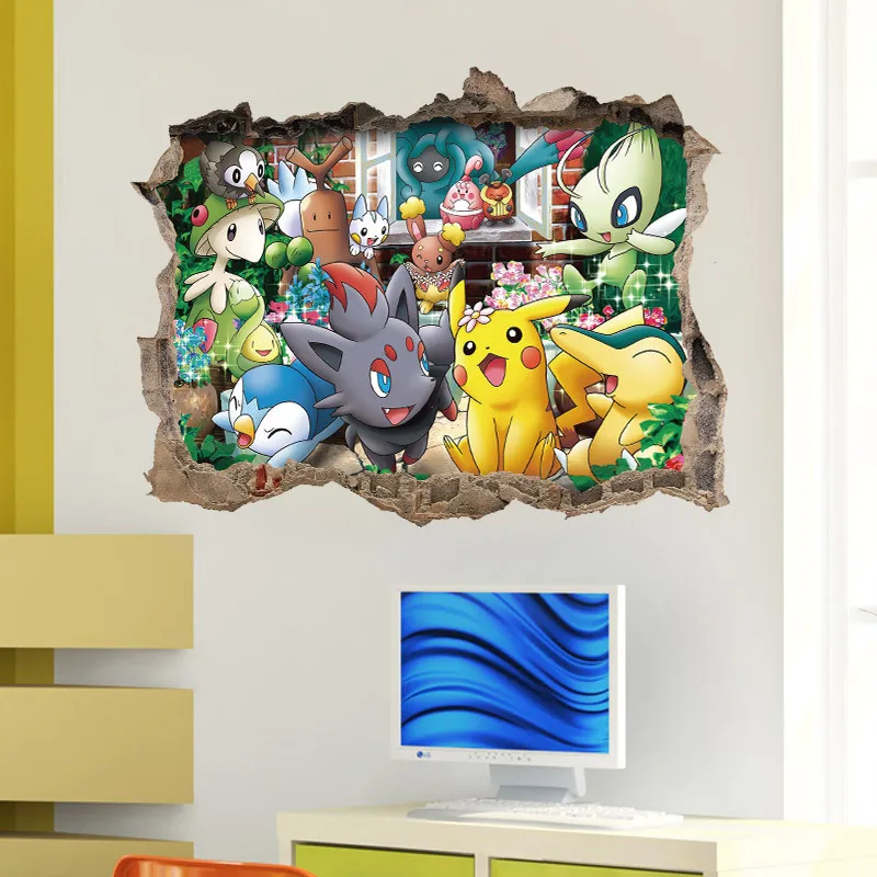 Adhesivos removibles de Pok&eacute;mon para pared, calcoman&iacute;as 3D de Anime Kawaii de Pikachu, Jigglypuff, decoraci&oacute;n para el hogar, dormitorio de ni&ntilde;os, arte de sala de estar, Mural-4