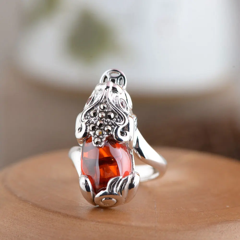 

FNJ 925 Silver Red Zircon Ring for Women Jewelry 100% Original Pure S925 Silver Sterling Rings Lucky Animal Pixiu