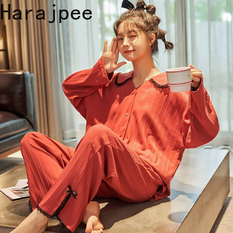 

Harajpee Red Pajamas Women's Spring and Autumn Long Sleeve Thin Pure Cotton Home Clothes Two-piece Suit Summer Cardigan Wedding