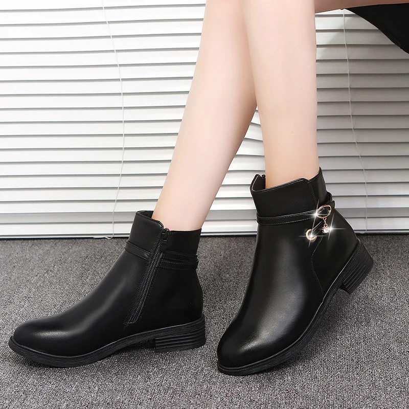 2019 модная зимняя обувь женские ботильоны из искусственной кожи на плоской