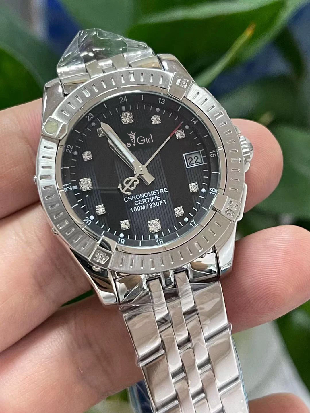 

2021 New Luxury Lady Women Quartz Sapphire Silver Black Stainless Steel Sky Blue Rotatable Bezel Watch Diamonds Watches 35mm