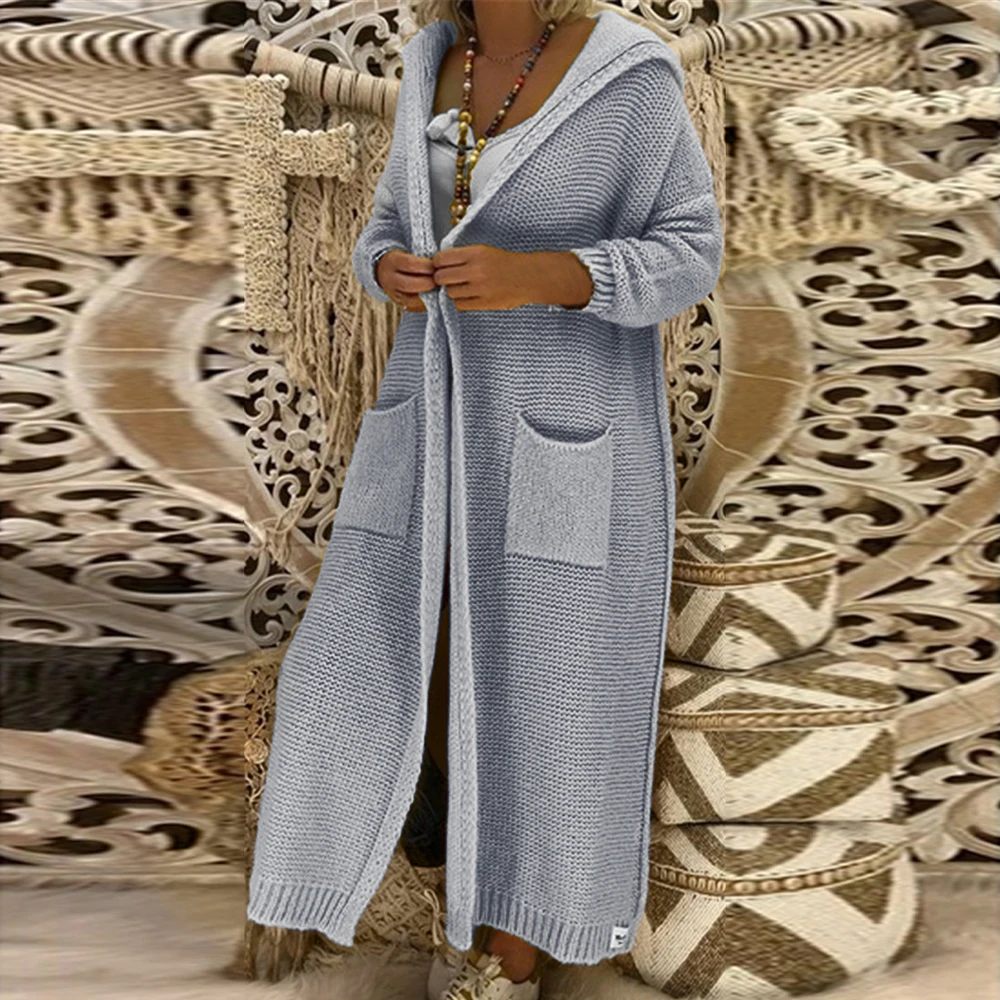 Женский длинный вязаный кардиган верхняя одежда с карманами и капюшоном осень 2019