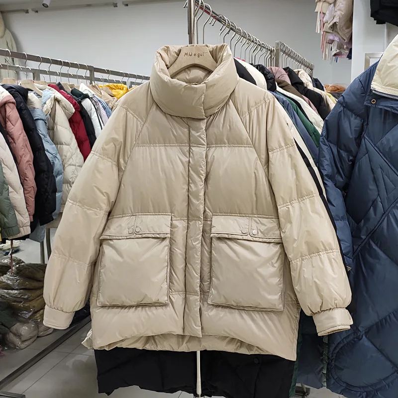 

White Duck Down Jacket 2021 Stand Collar Light Down Jacket Raglan Sleeve Loose Casual Women's Clothing