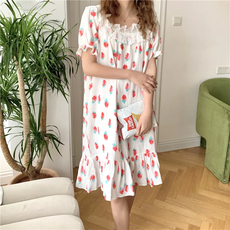 

CBAFU korea style lacework strawberry summer nightgowns women sleepwear short sleeve cotton dress homewear vestidos white M943