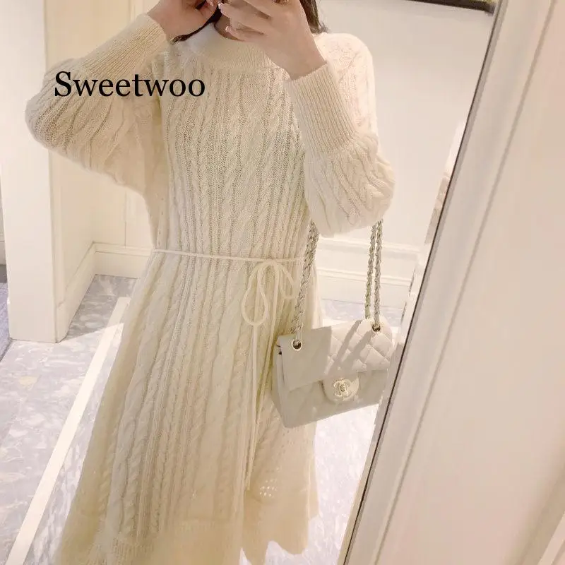 

Hook Flower Fashion Knit Dress Female Spring Autumn Long Hollow Out Sweater Dress Loose Pullover Shirt Knitwear Vestidos
