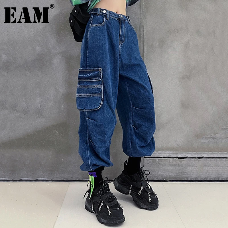 

[EAM] синие джинсы с карманами и высокой талией, длинные джинсы с широкими штанинами, новые свободные женские брюки, модные демисезонные 2021 ...