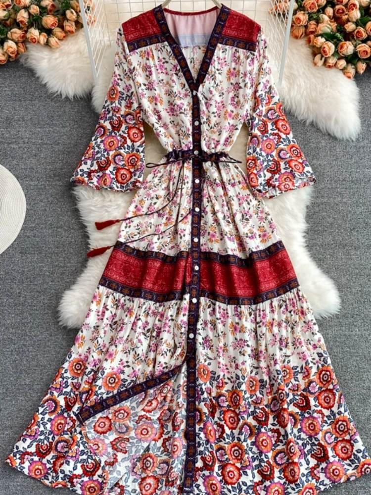 

Aibeautyer New Summer Bohemia Floral Print Lady Full Dress A Line V Neck Single Breasted Chiffon Pullover Women Dresses