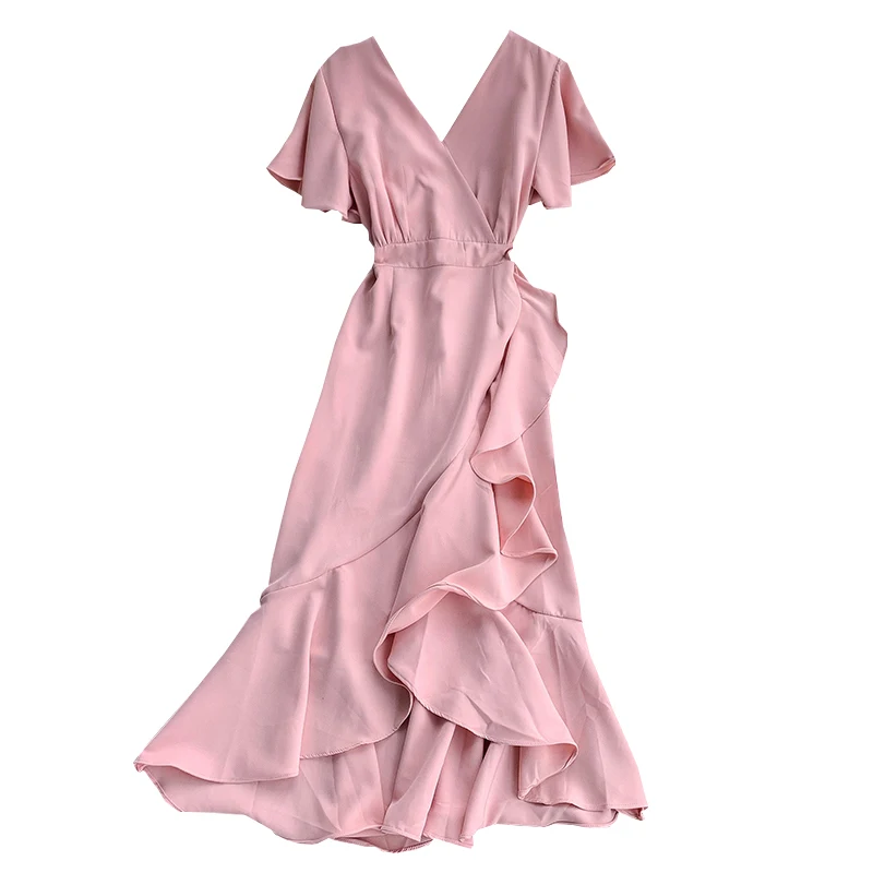 

2021 New Summer Vintage Solid Sexy V Neck Short Tie Up Dress A-line Sashes High Waist Women Party Dress