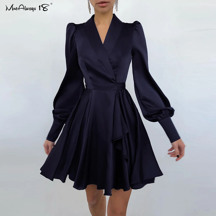 

Mnealways18 Silky A-Line Satin Dress Red Women Evening Short Party Dress Ladies Chic V-Neck Lantern Sleeve Flared Pleated Dress