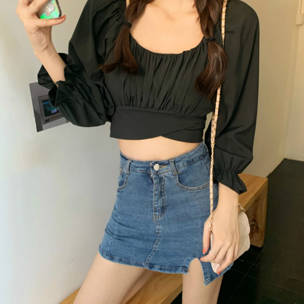 

Women Sexy Square Neck Puff Sleeve Crop Top Pleated Back Bandage Blouse Shirt