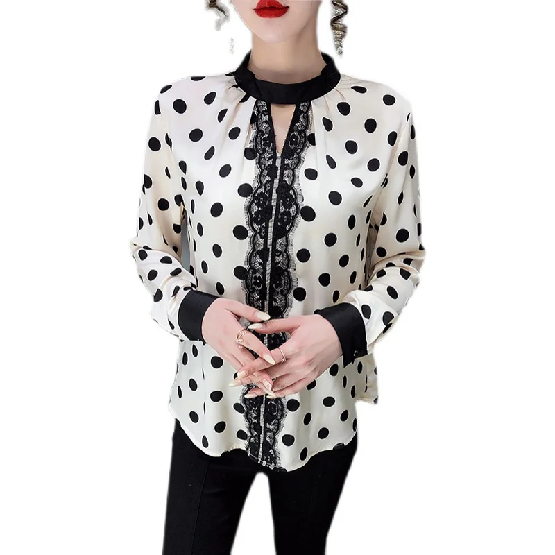 

COIGARSAM Lace blouse women New Spring Patchwork Polka Dot blusas womens tops and blouses 1114