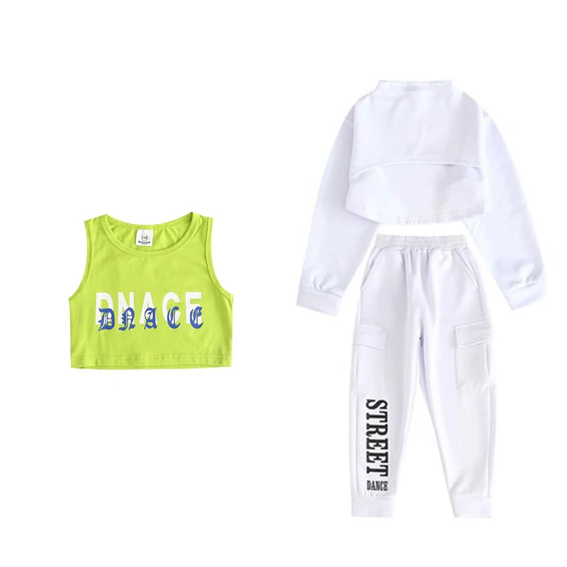 3Pcs Детские костюмы в стиле хип-хоп; белая одежда для уличных танцев; джазовая Одежда для девочек; детская одежда для Черлидинга; современная одежда для сцены; DN4042 - Цвет: 3Pcs