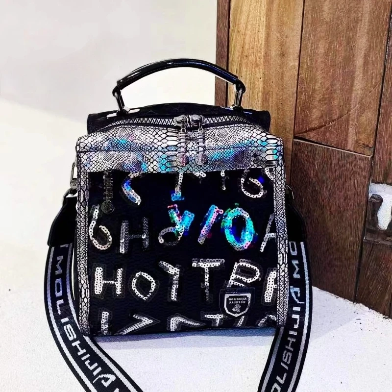 

Microfiber Synthetic Leather Women's Backpack Letter Sequines Print Mochila Black 2021 Latest Mini Bag Pack Female Shoulder Bags