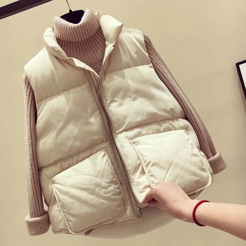 HFB8645 Beige Зимний хлопковый женский жилет без рукавов с стоячим воротником осеннее пальто для женщин модные студенческие повседневные теплые пальто - Цвет: HFB8645 Beige