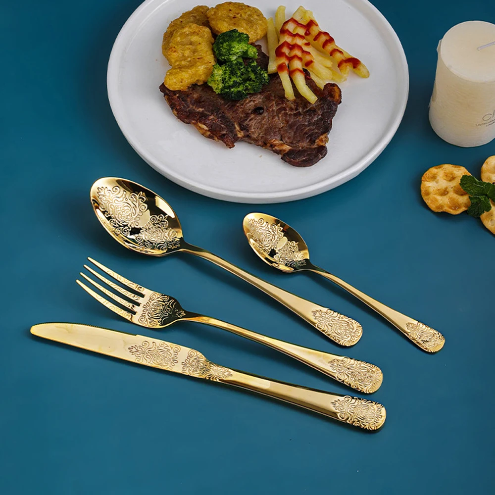 24pcs Cutlery Set Gold Tableware Dinnerware 304 Stainless Steel Carved Spoon Forks Knife Kitchen Western Dinner Silverware Gift | Дом и сад