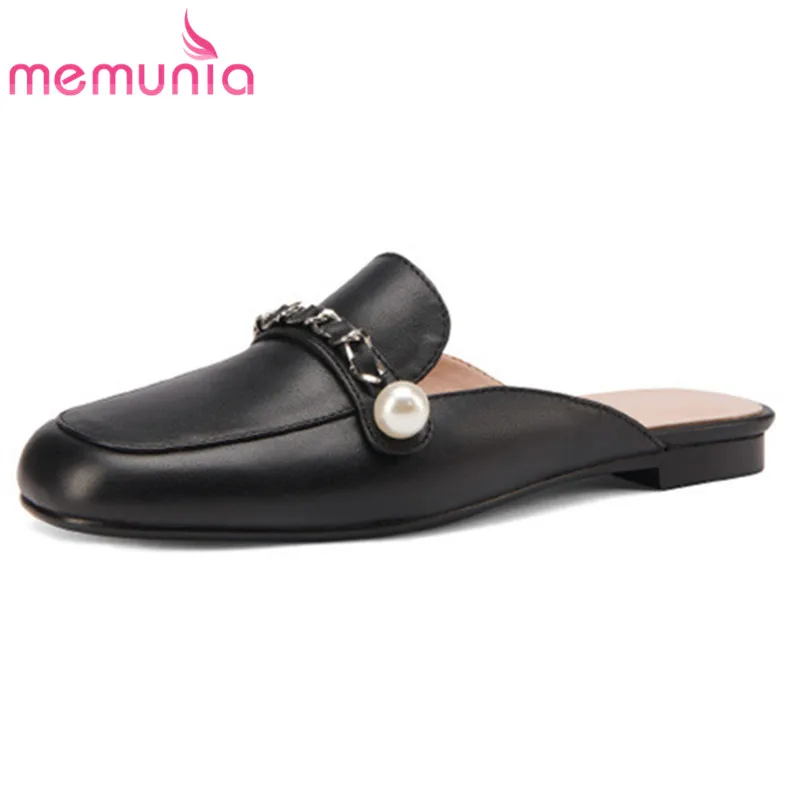 

MEMUNIA 2021 Hot Sale Genuine Leather Shoes Women Slipper Round Toe Chain Pearl Comfortable Summer Flat Slipper Women
