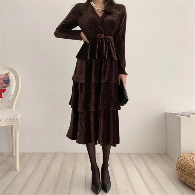 HziriP вельветовое Стильное однотонное элегантное платье с v-образным вырезом 2020