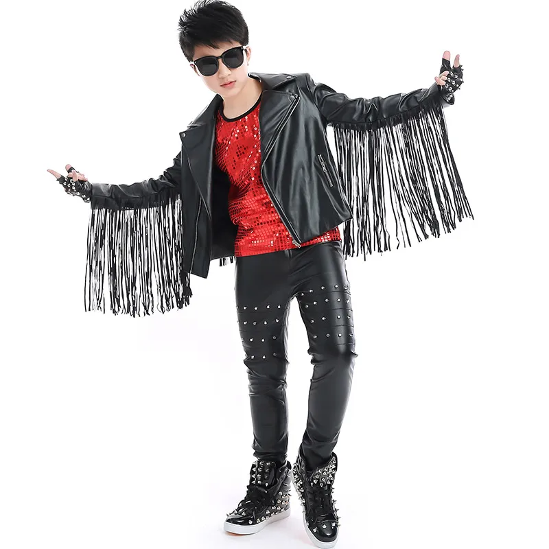 Новые костюмы в стиле хип-хоп черная кожаная куртка с кисточками брюки для
