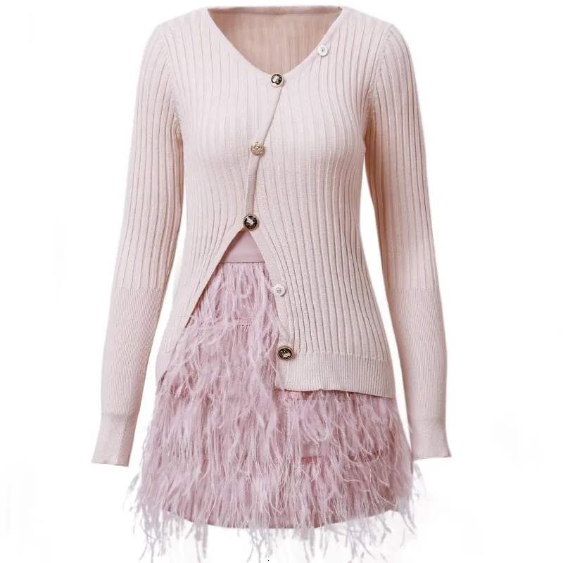 

New Fashion Women Pink Feathers Wrap Mini Skirt Knit Top Two Piece Set Sexy Long Sleeve Slim Fit Party Outfits Clothing Suits