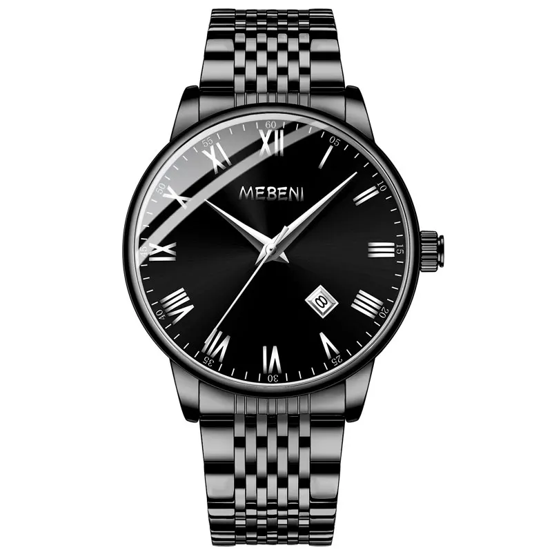 

2022 NEW Fashion MEBENI Mens Quartz Watches Men Black Stainless Steel Waterproof Analog Wristwatch Male Gifts Relogio Masculino