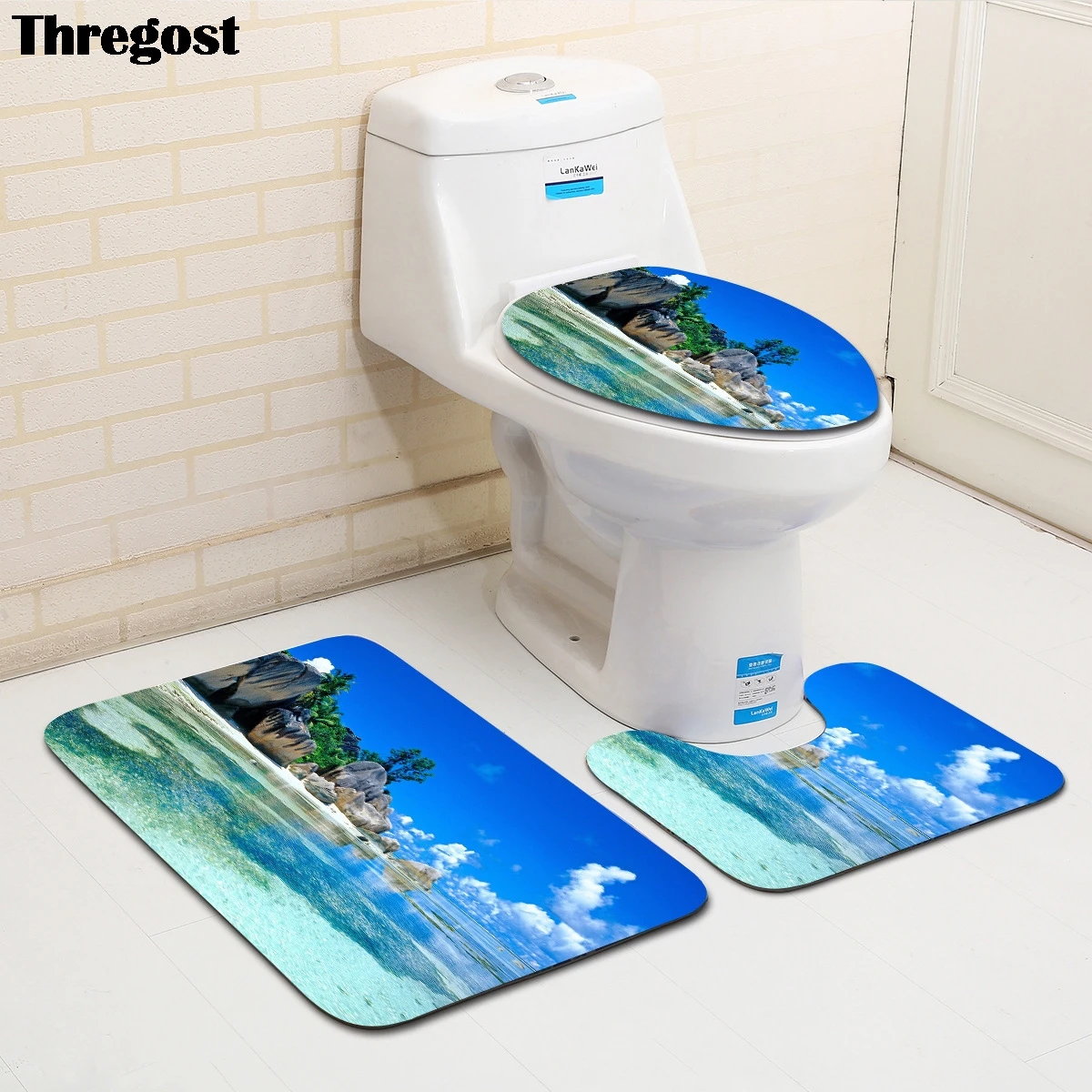 

Thregost Bathroom Bath Mats Toilet Carpet Set 3pcs Microfiber Non-Slip Rugs Toilet Lid Cover Scenic Printed Shower Floor Rug