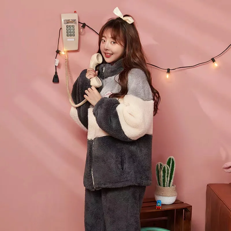 Coral Fleece Pajamas Sets For Women Winter Thick Warm Sleepwear 2 Pieces/Set Loungewear Pyjamas Suit Homewear Clothes