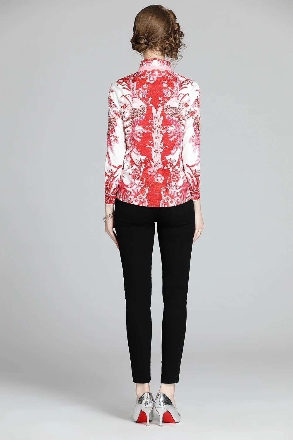 Женская модельная винтажная рубашка повседневная блузка с цветочным принтом на