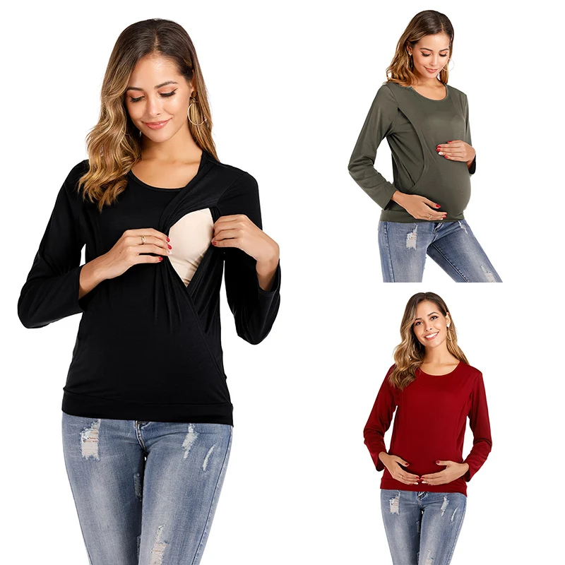 Camiseta de manga larga para lactancia para mujer, blusa Lisa cómoda, Top tipo túnica para amamantar, chaleco de maternidad informal para mamá embarazada, 2022