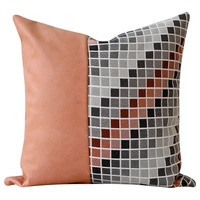 fabric stitching leather pillow houndstooth sofa decor cushion cover mosaic pillowcase car lumbar pillow 45x45cm jacquard pillow