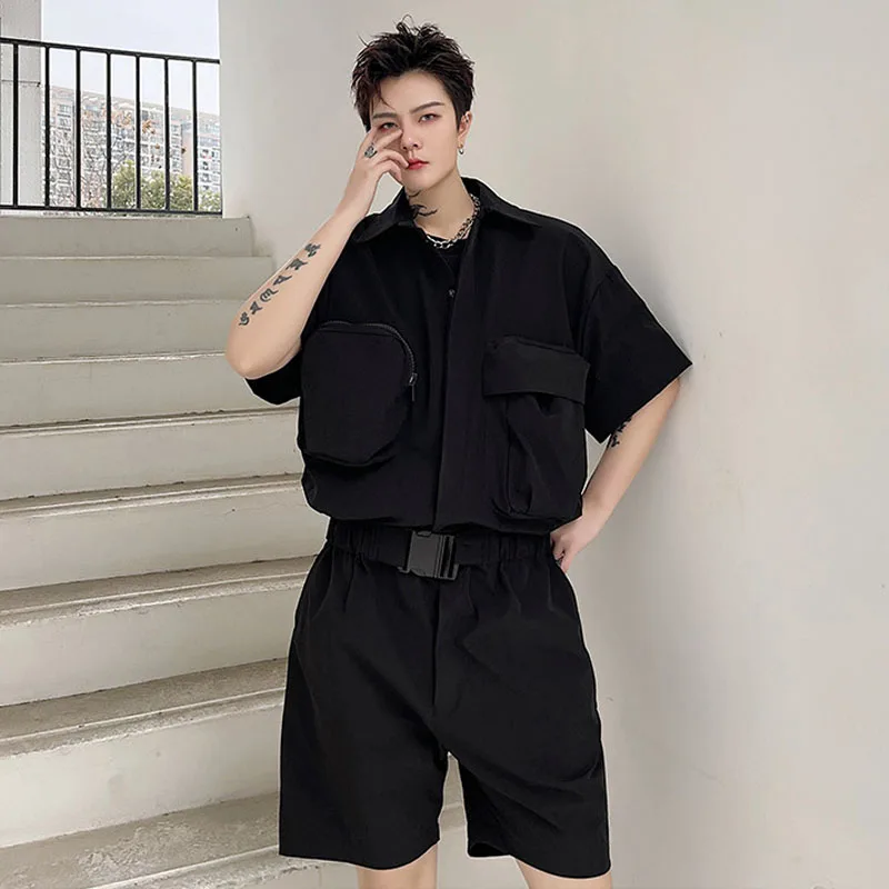 

Men Multi Pocket One Piece Short Sleeve Cargo Shorts Jumpsuit Streetwear Hip Hop Casual Short Pants Male Women Overalls