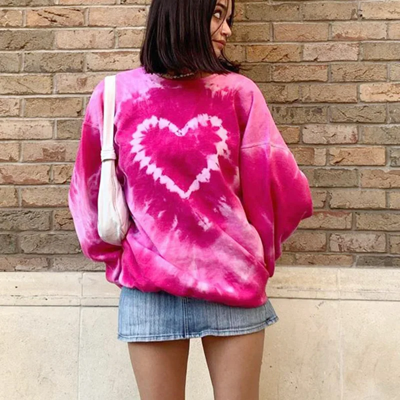 

Womens Tie Dye Pullover Tops Long Sleeve Crew Neck Heart Print Loose Fit Sweatshirts For Autumn Winter