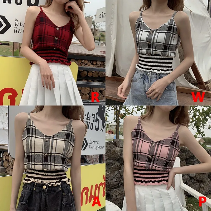 

Ladies Sexy V-Neck Plaid Crop Tops Women Button Sling Fashion Casual Sleeveless Slim Wild Top