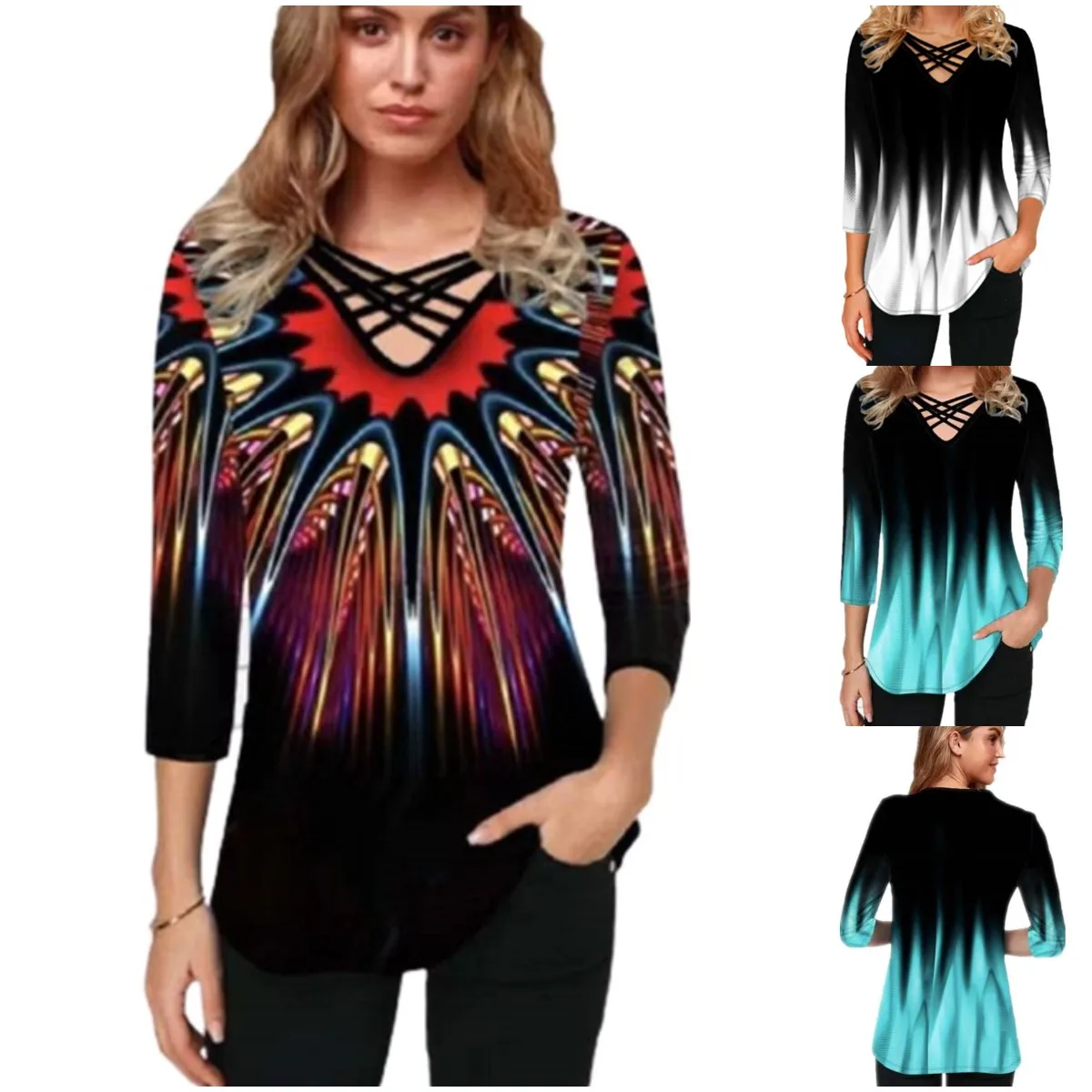 

Футболка женская оверсайз с градиентным принтом, рукавом 3/4 и V-образным вырезом