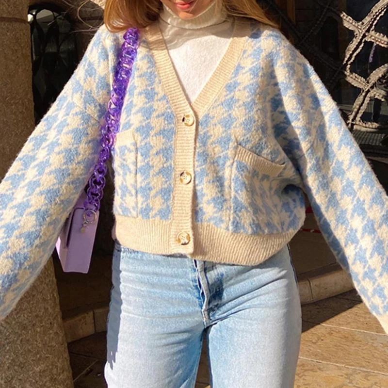 

Limiguyue Autumn Women Sweater Plaid Print Houndstooth Cardigan V Neck Loose Knitwear Knitted Crop Top Vintage Woolen Coat K2535