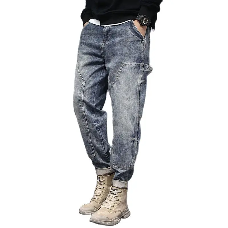 

Wholesale 2021 Fashion Retro loose baggy trousers man's brand stitching all-match casual youth cargo Workwear long jeans men