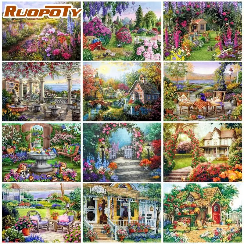 

RUOPOTY Framed Paint By Numbers House Landscape DIY Painting by numbers On Canvas Home Decor Crafts 40*50cm