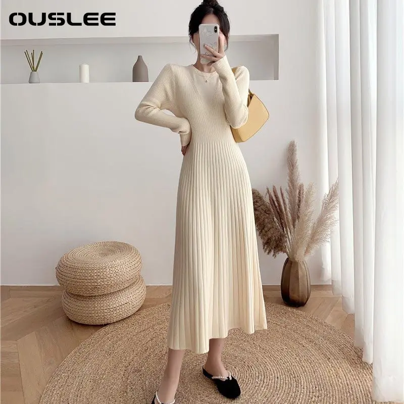 

Женский свитер OUSLEE, облегающее платье, Осень-зима, водолазка, рукав-фонарик, теплые вязаные длинные платья, платья