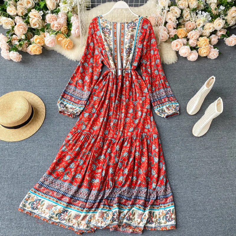 Ретро этнический стиль платье для путешествий и отпуска 2020 Новинка длинная юбка
