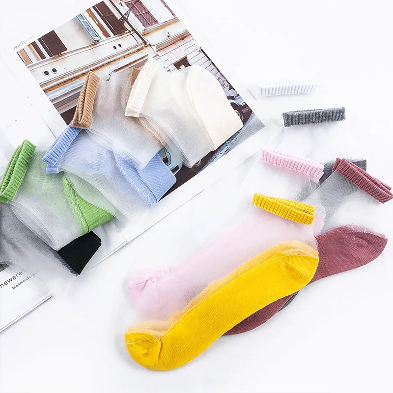 

LKWDer 5 Pairs/Lot Ultra-thin Silk Transparent Glass Fiber Summer Women Ankle Socks Fashion Harajuku Cute Socks Drop Shipping