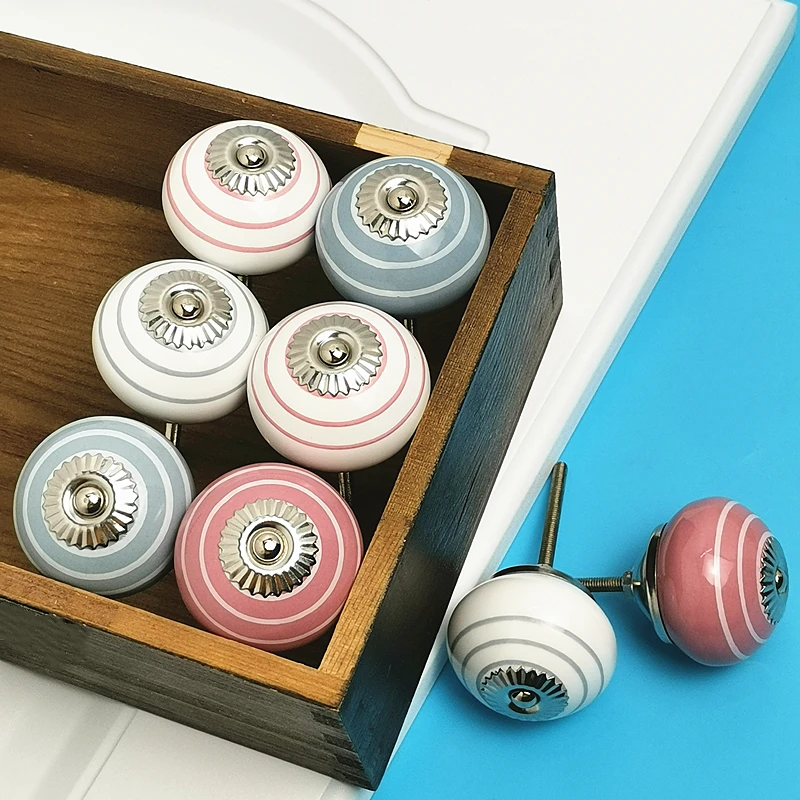 

41mm Hand-painted Ceramic Drawer Knobs Stripe Cabinet Pulls Cupboard Door Knobs With Base For Kids Furniture Handles