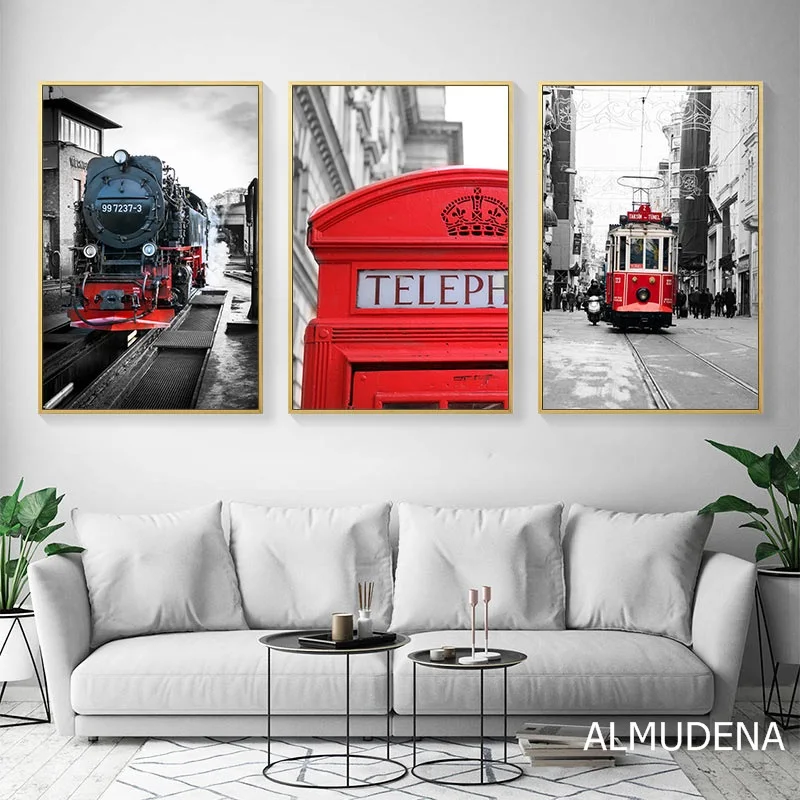 Красная поезд телефонная будка ТРАМ плакаты и принты пейзаж Настенная картина