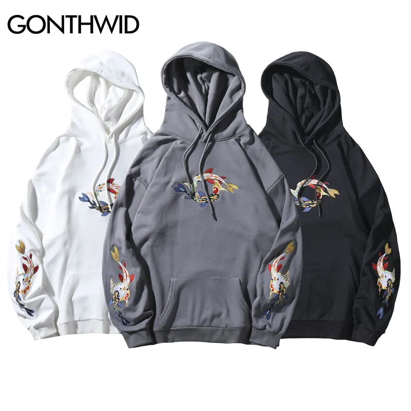 GONTHWID Embroideried Fish koi Карп пуловер толстовки с капюшоном, худи Harajuku уличная мужская хип хоп Повседневная модная Толстовка Топы мужские