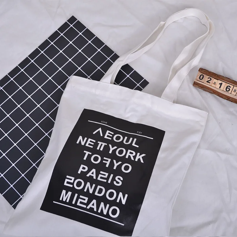 

Women Canvas Bag Famous City Name Printed Cotton Cloth Handbag Black White Design Shoulder Bags Casual Shopping Tote Girls Purse