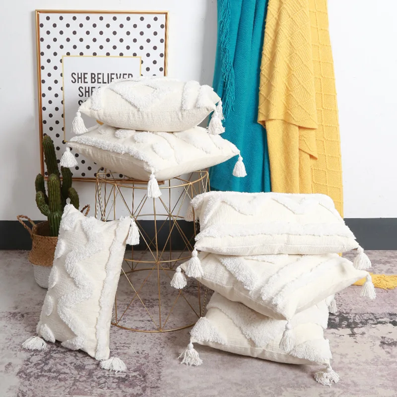 

Handmade Cushion Cover with Tassel Boho Moroccan Beige Pillow Cover Square living Room Bed Room Home Decoration