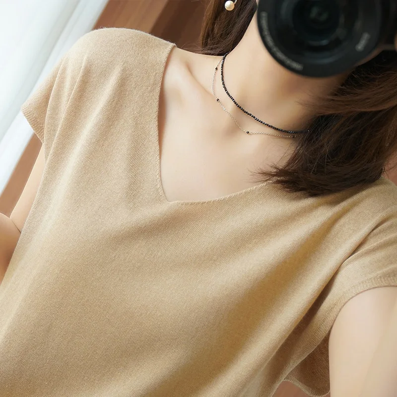 Tops de punto finos con cuello en V para mujer, jerséis informales holgados de manga corta, suéter de punto, camisa de verano, 7 colores