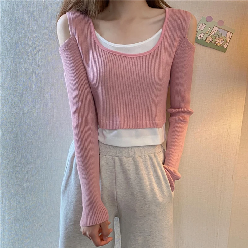 

Autumn New Pullover Women Long Sleeve Knitwear Personality Hedging Fake Two Piece Knitwear Female U Neck Short Casual Sweaters