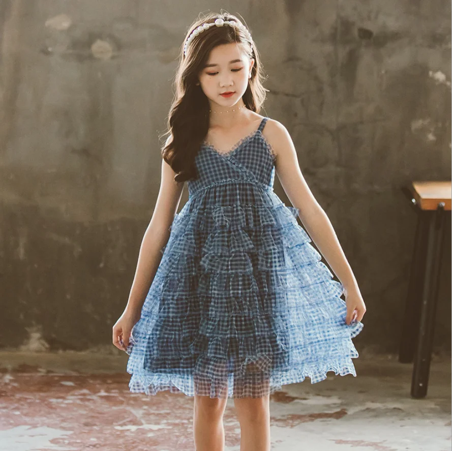 

Юбка-слинг для девочек, новинка 2021, летняя Клетчатая сетчатая кружевная юбка для детей старшего возраста