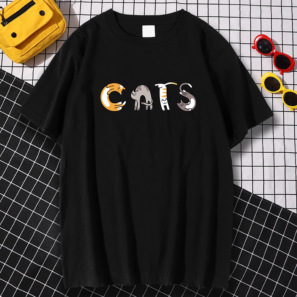 

Kohpweran Vintage Breathable Letters Made Up of Cats Printed T-Shirt Men Fashion Home Short Sleeved O-Neck Streetwear Top